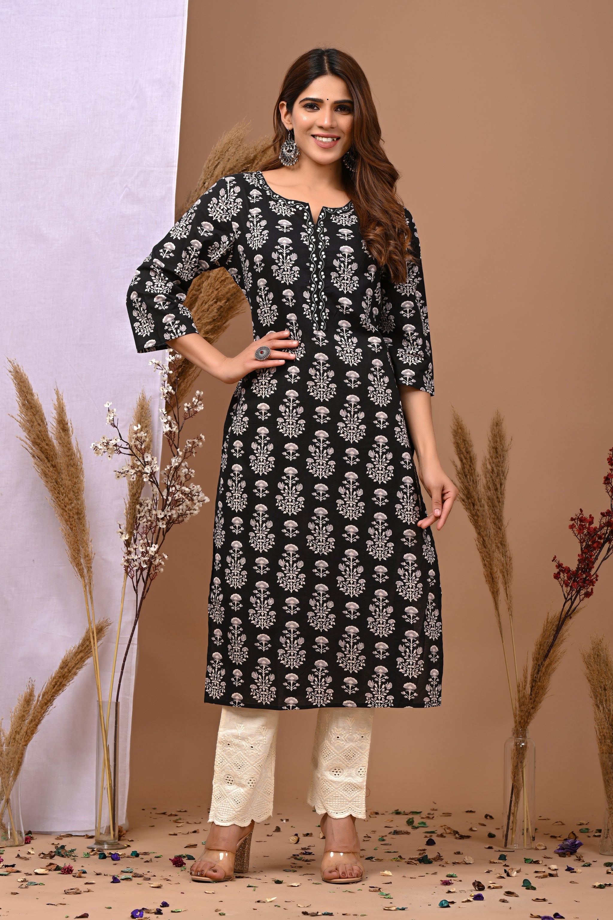 Floral Printed Notch Neck Pure Cotton Straight Kurta - Rimeline