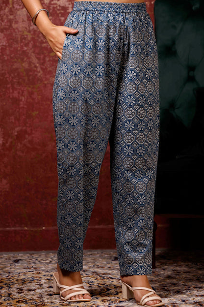 Rimeline Geometric Printed V-Neck Pure Cotton Kurta With Trousers