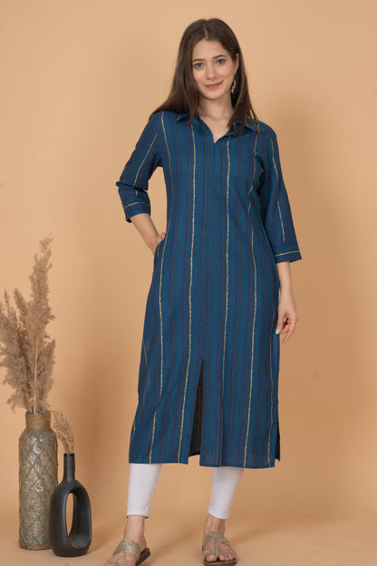 RimeLine Blue Collered Neck Kurti For Women