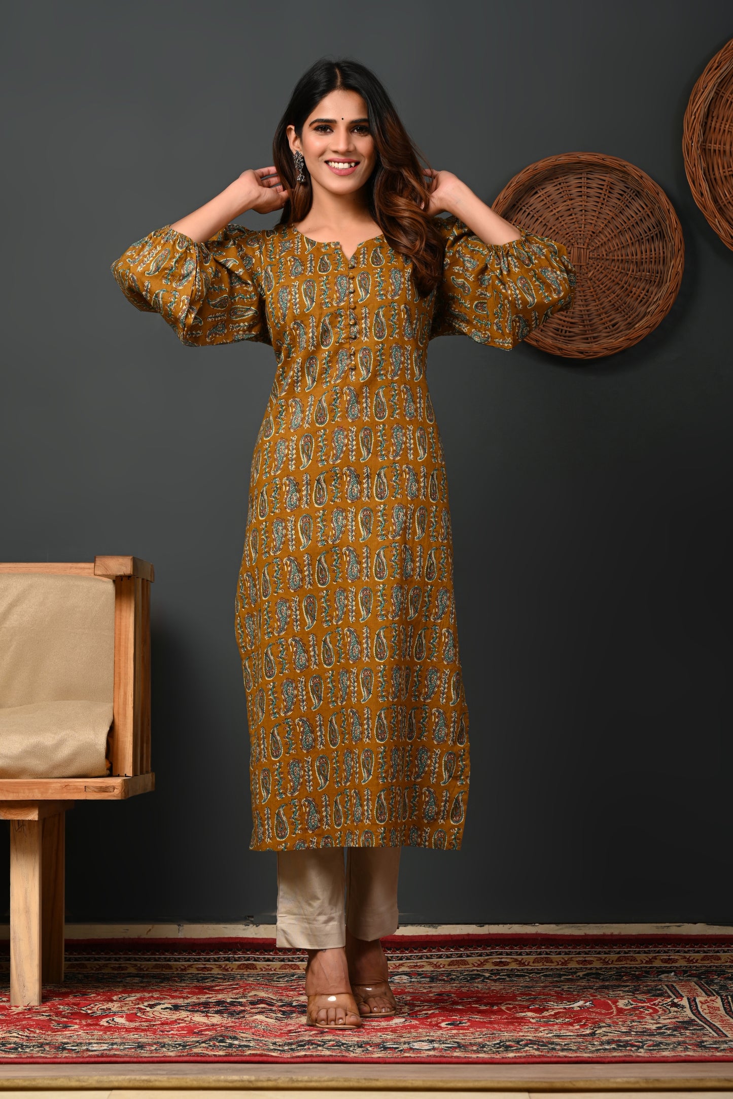 Rimeline Ethnic Motifs Printed Round Neck Puff Sleeves Pure Cotton Kurta