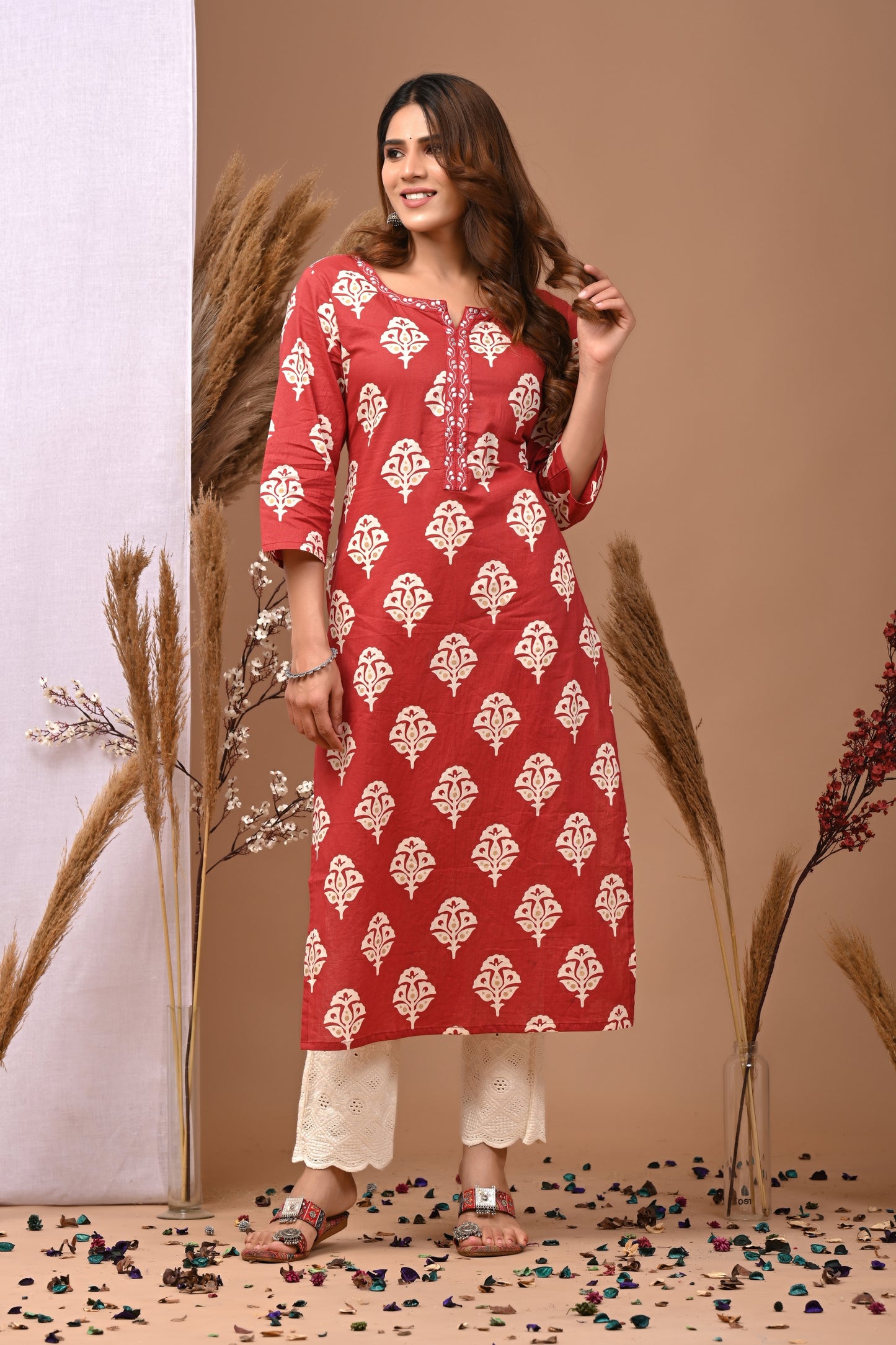 RimeLine Maroon Ethnic Motifs Printed Round-Neck Cotton Kurti