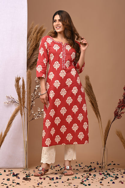 RimeLine Maroon Ethnic Motifs Printed Round-Neck Cotton Kurti