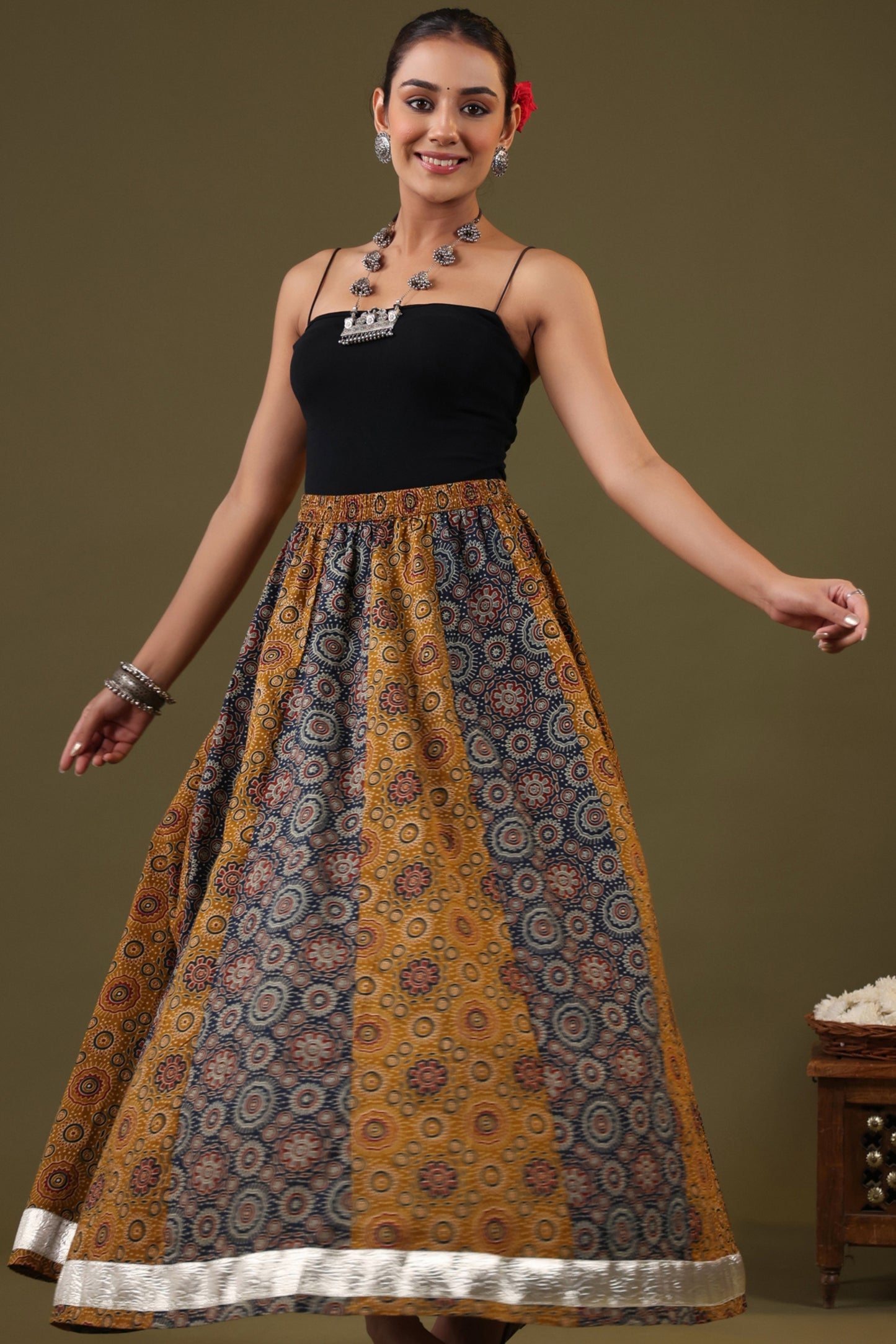 Rimeline Women Printed Pure Cotton Flared Maxi Skirt