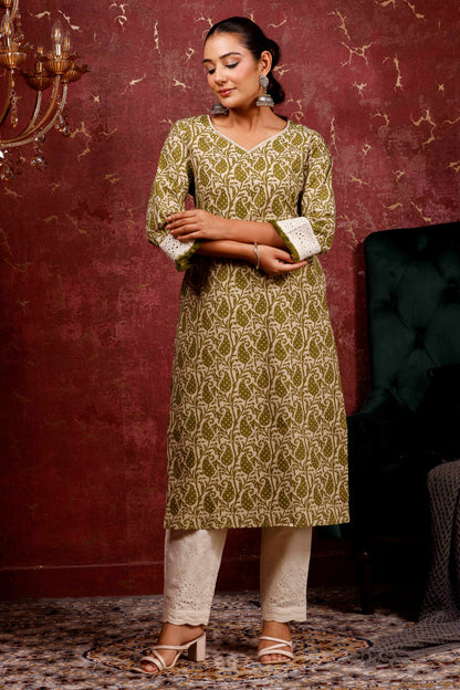 Rimeline Ethnic Motifs Printed V-Neck Cotton Straight Kurta