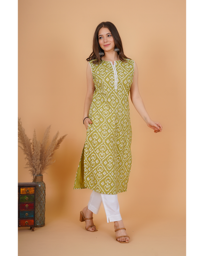 RimeLine Ethnic motifs printed Round neck  Green Straight Kurta for Women