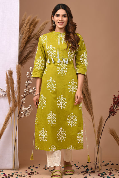 RimeLine Mesh Green Mandain Neck Kurti For Women