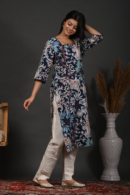 Rimeline Floral Screen Printed Square Neck Pure Cotton Straight Kurta