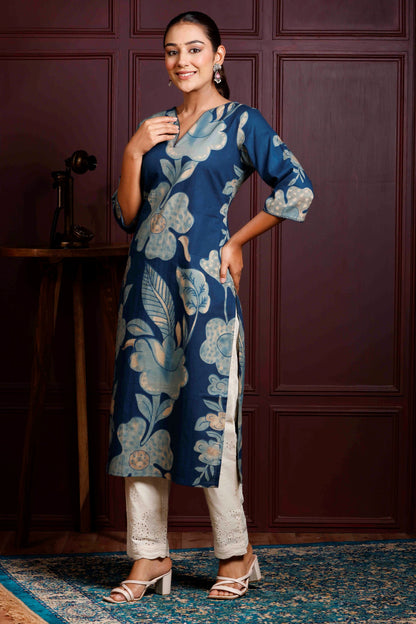 Rimeline Floral Printed V-Neck Straight Pure Cotton Kurta