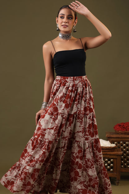 Rimeline Floral Printed Pure Cotton Flared Maxi Skirt