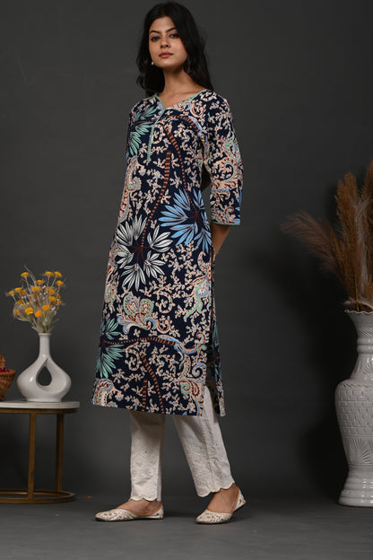 Rimeline Floral Screen Printed Sweetheart Neck Pure Cotton Straight Kurta