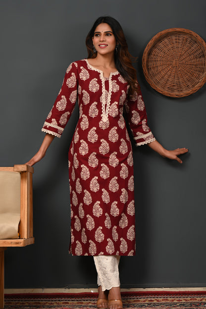 RimeLine Floral Printed Notch-Neck Straight Kurta