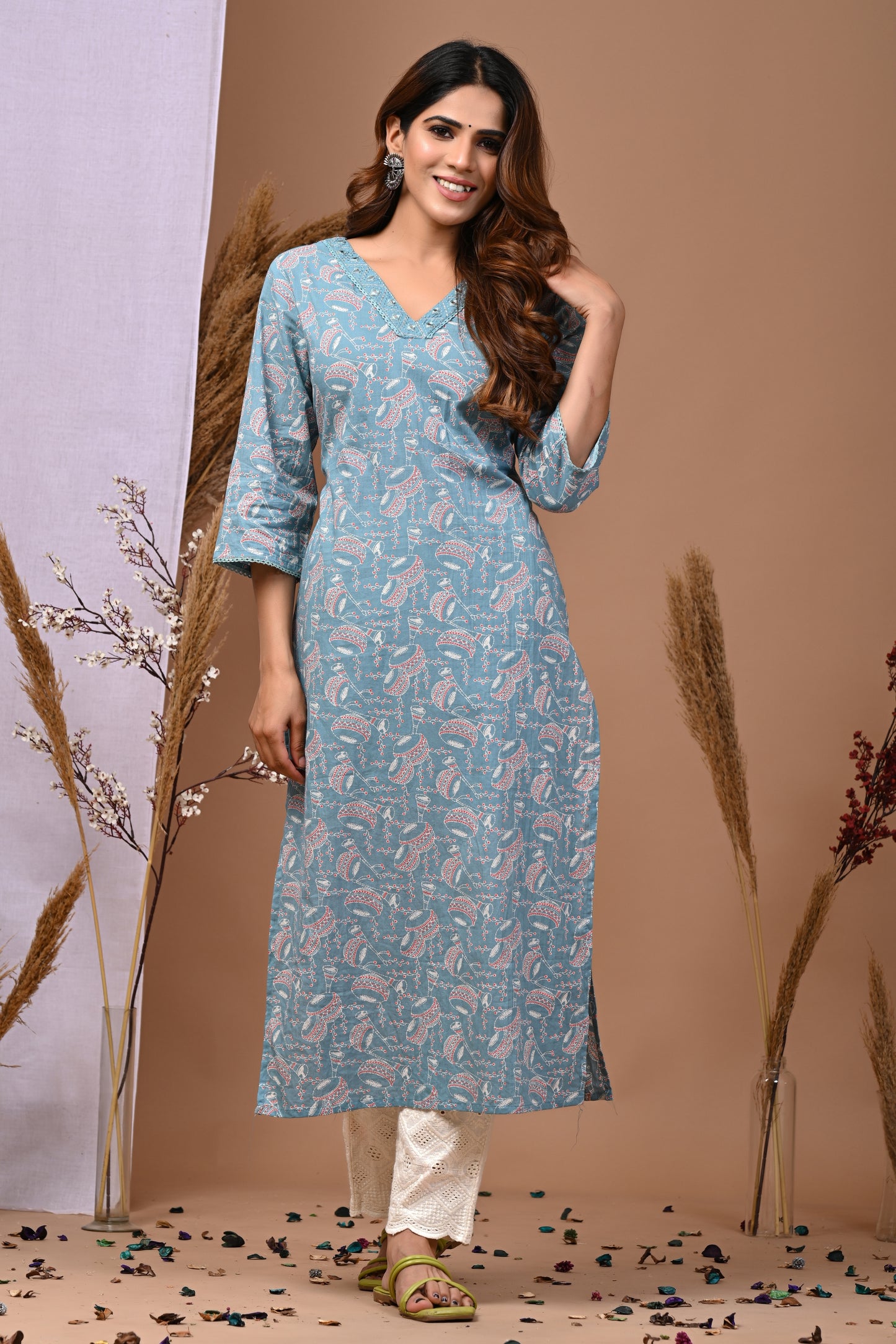 RimeLine Sea Green Ethnic Motifs Printed V-Neck Cotton Kurti