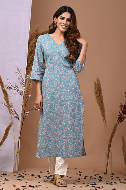 RimeLine Sea Green Ethnic Motifs Printed V-Neck Cotton Kurti