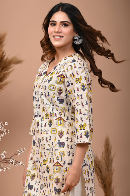 RimeLine Cream Ethnic Motifs Printed V-Neck Cotton Kurti