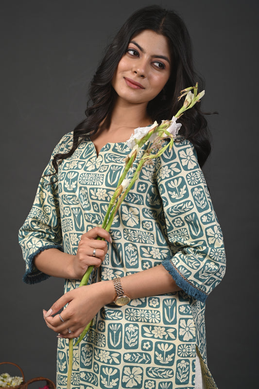 Rimeline Floral Printed Notch Neck Straight Kurta