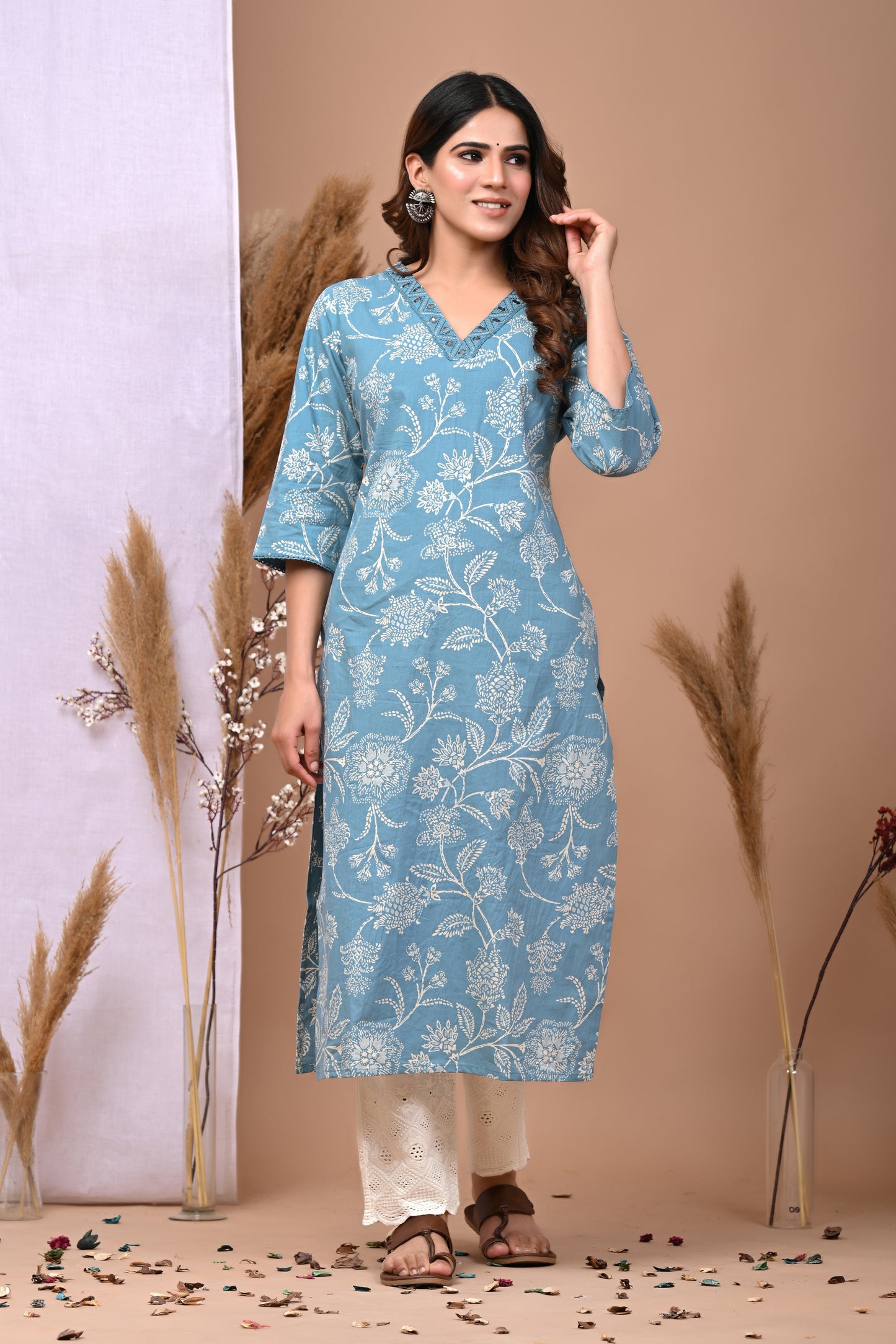 RimeLine Aqua Embroidered Printed V-Neck Kurti for women