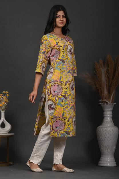 Rimeline Floral Screen Printed Sweetheart Neck Pure Cotton Straight Kurta
