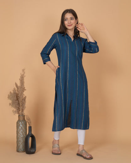 RimeLine Blue Collered Neck Kurti For Women