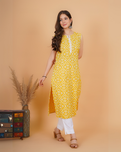 RimeLine Yellow Ethnic motifs printed Round neck Sleeveless Straight Kurta for Women