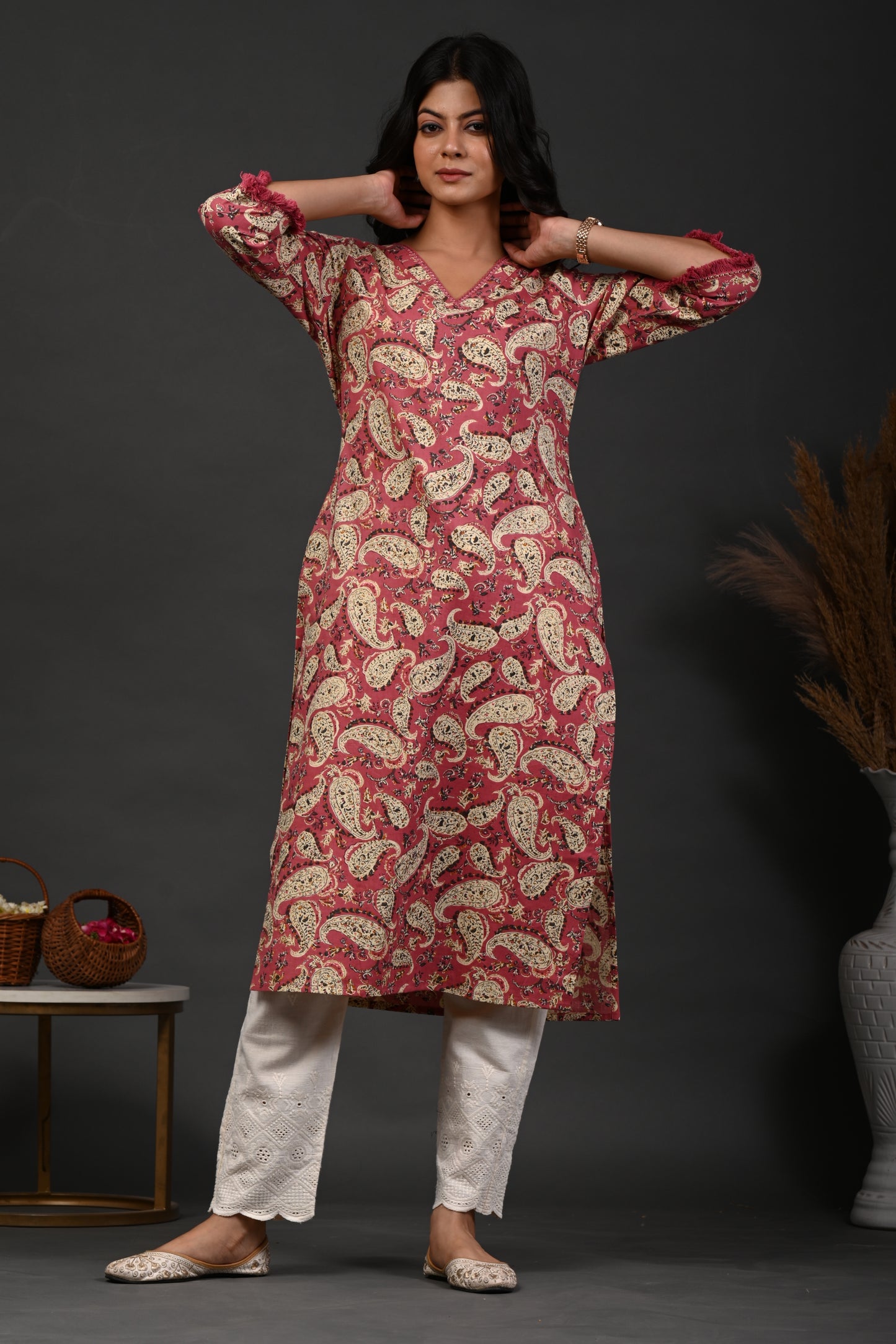 Rimeline Floral Printed V-Neck Cotton Straight Kurta