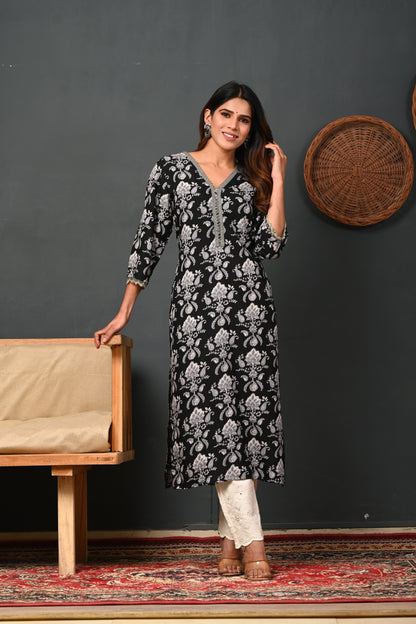 RimeLine Black Printed Rayon V-Neck Kurti for women