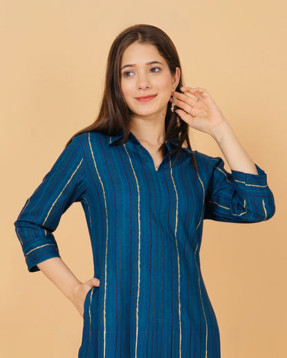 RimeLine Blue Collered Neck Kurti For Women