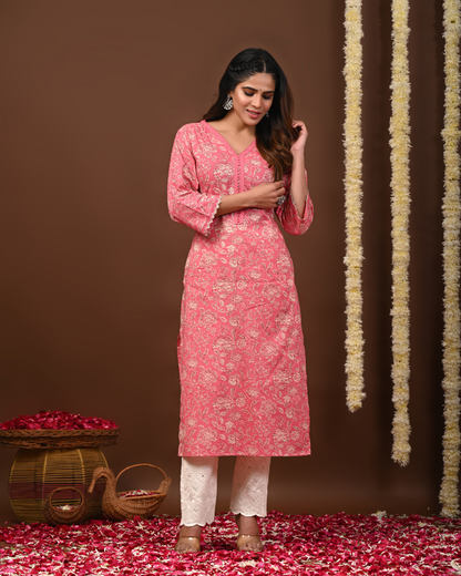 Floral Printed V-Neck Pure Cotton Straight Kurtas
