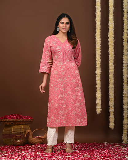 Floral Printed V-Neck Pure Cotton Straight Kurtas