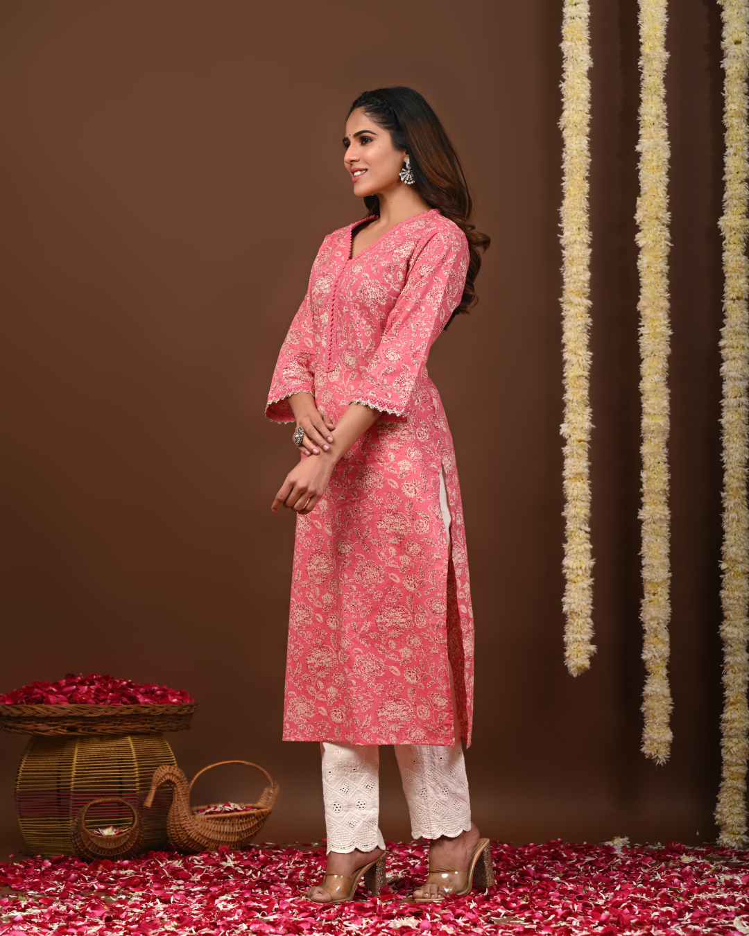 Floral Printed V-Neck Pure Cotton Straight Kurtas