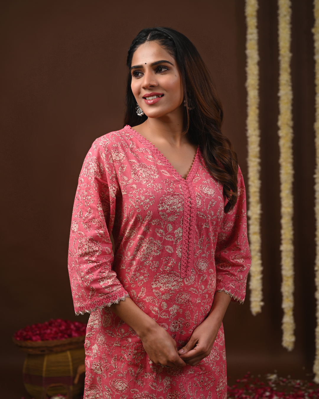Floral Printed V-Neck Pure Cotton Straight Kurtas