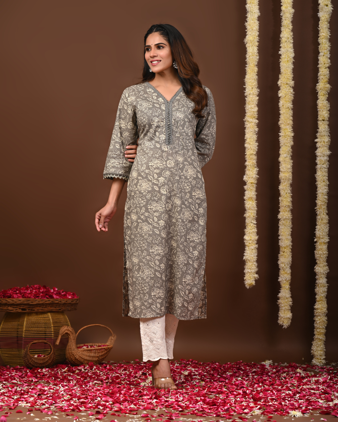Floral Printed V-Neck Pure Cotton Straight Kurtas