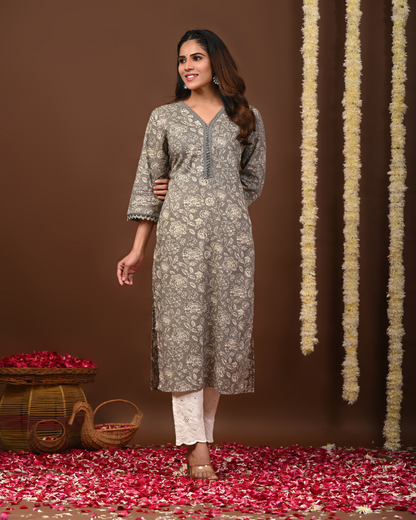 Floral Printed V-Neck Pure Cotton Straight Kurtas