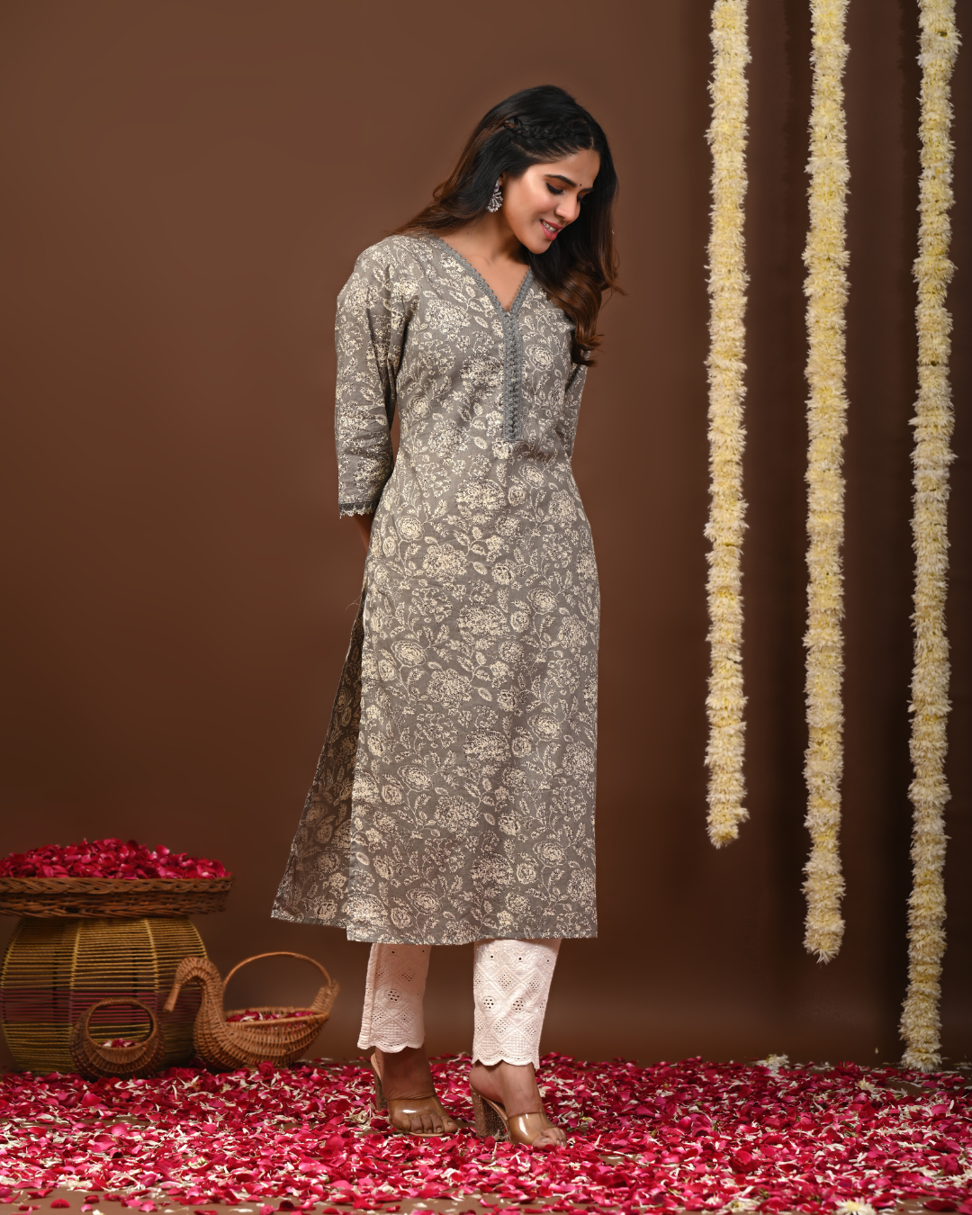 Floral Printed V-Neck Pure Cotton Straight Kurtas