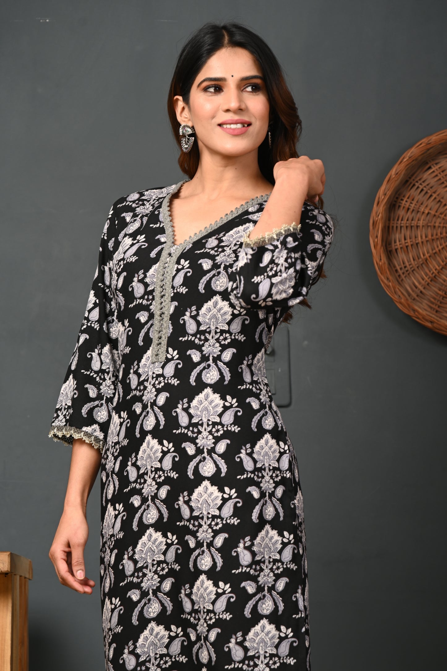 RimeLine Black Printed Rayon V-Neck Kurti for women
