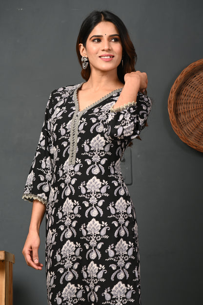 RimeLine Black Printed Rayon V-Neck Kurti for women
