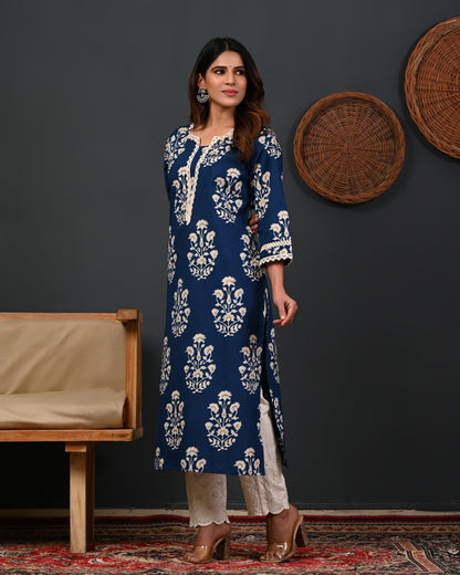 RimeLine Floral Printed Notch-Neck Straight Kurta
