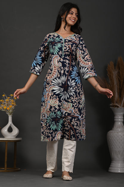 Rimeline Floral Screen Printed Sweetheart Neck Pure Cotton Straight Kurta