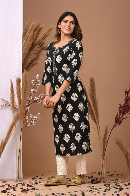 RimeLine Black Ethnic Motifs Printed Round-Nack Cotton Kurti
