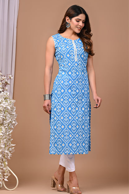 RimeLine Ethnic motifs printed Round neck Sleeveless Blue Straight Kurta for Women