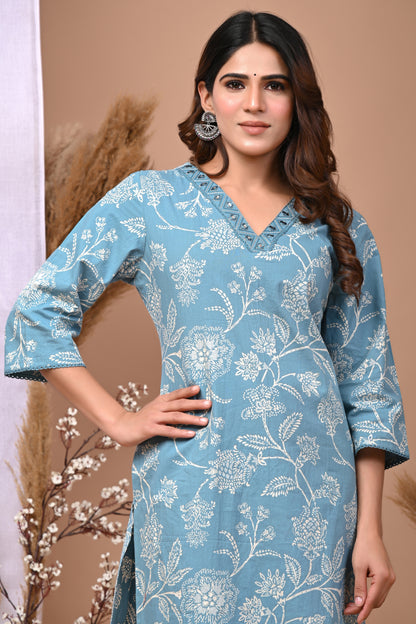 RimeLine Aqua Embroidered Printed V-Neck Kurti for women