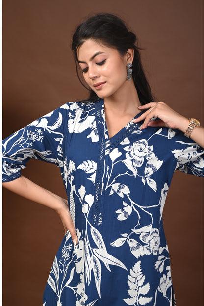 Rimeline Floral Screen Printed V-Neck Pure Cotton Straight Kurta
