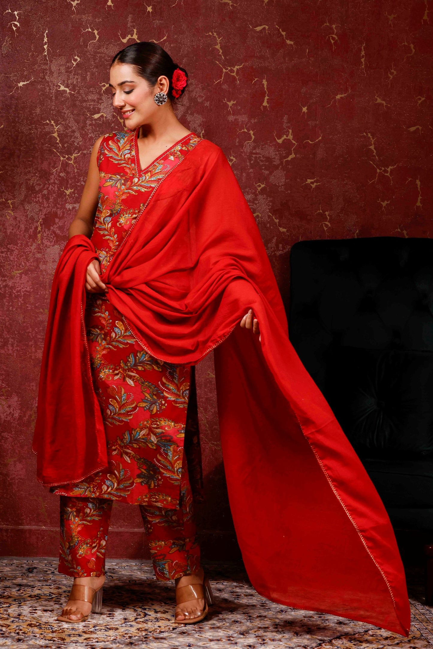 Rimeline Ethnic Motifs Printed V-Neck Pure Cotton Kurta With Trousers & Dupatta