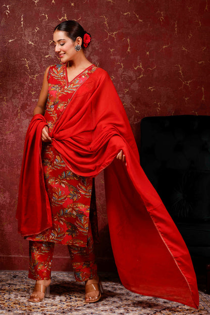 Rimeline Ethnic Motifs Printed V-Neck Pure Cotton Kurta With Trousers & Dupatta