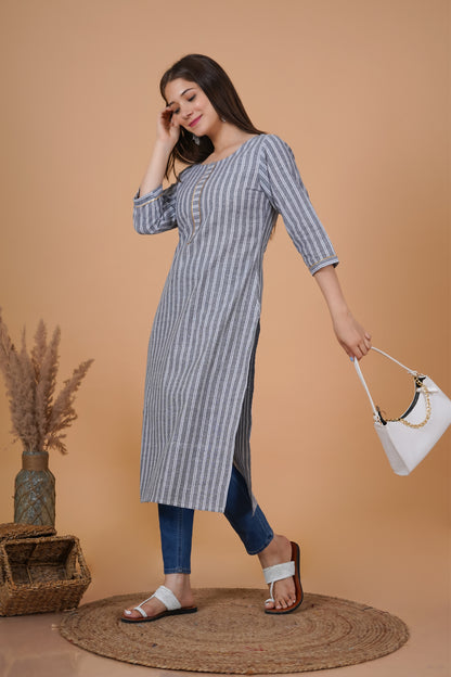 RimeLine Round Neck stripped Straight kurta for women - Rimeline