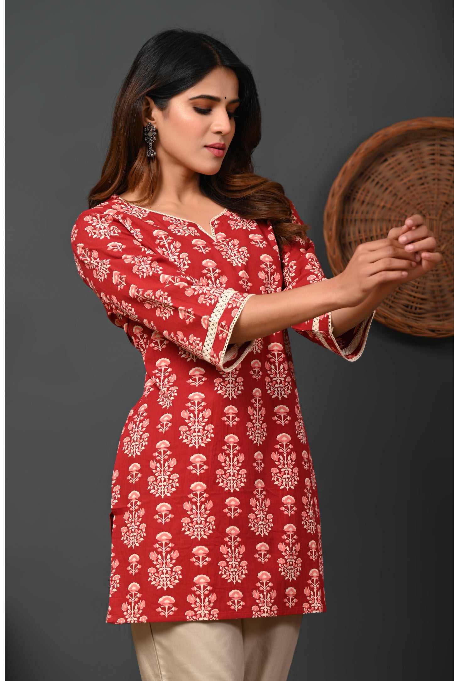 RimeLine Maroon Women Ethnic Motifs Printed Round-Neck Pure Cotton Kurti