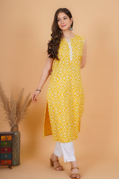 RimeLine Yellow Ethnic motifs printed Round neck Sleeveless Straight Kurta for Women