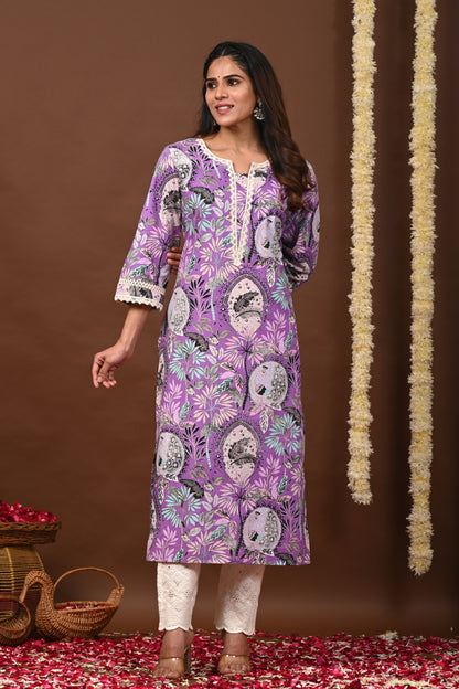 RimeLine Floral Printed Notch-Neck Straight Kurta