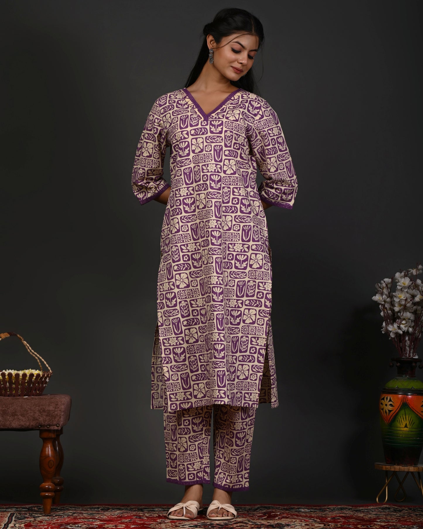 Rimeline Women Floral Printed Regular Pure Cotton Kurta with Trousers