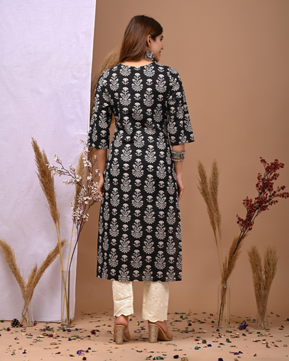 Floral Printed V-Neck Pure Cotton Kurti
