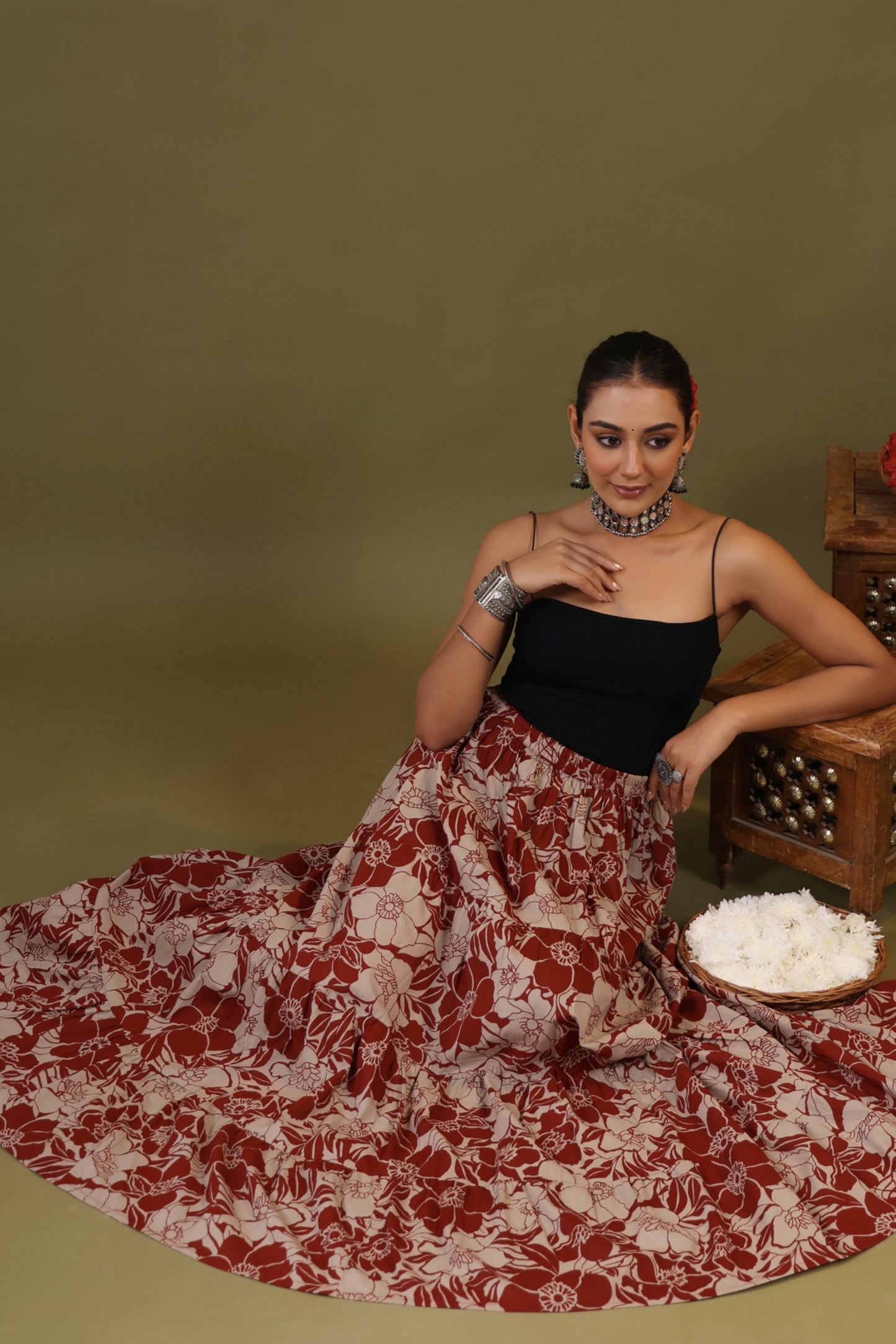 Rimeline Floral Printed Pure Cotton Flared Maxi Skirt